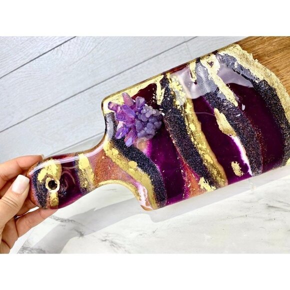 Geode Art Wood Cutting Board Purple Quartz Points - Picture 3 of 10